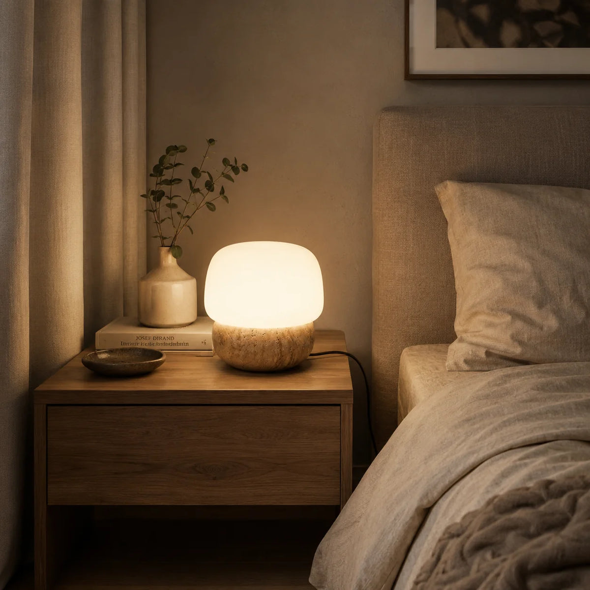 RoyaleGlow Natural Travertine Stone Table Lamp with Glass Shade - Royale Basic