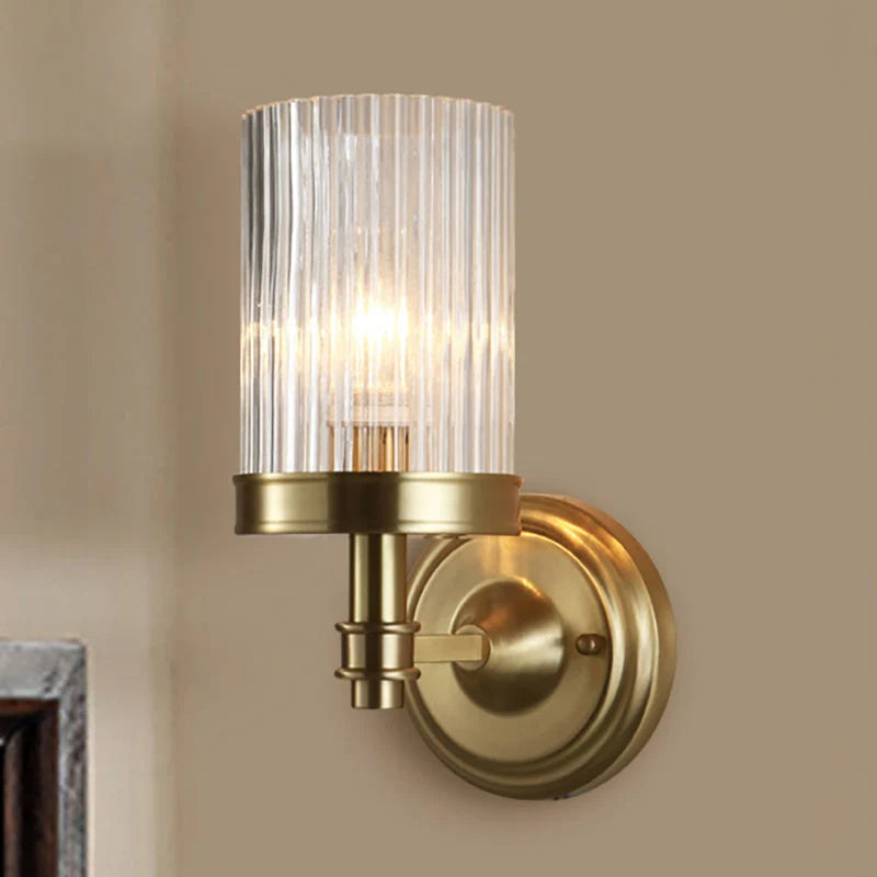 RoyaleGlow Ribbed Glass Wall Sconce Vintage Gold Cylinder Wall Lamp Fixture - Royale Basic