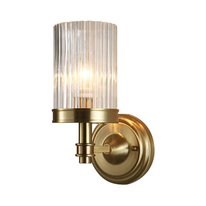 RoyaleGlow Ribbed Glass Wall Sconce Vintage Gold Cylinder Wall Lamp Fixture - Royale Basic