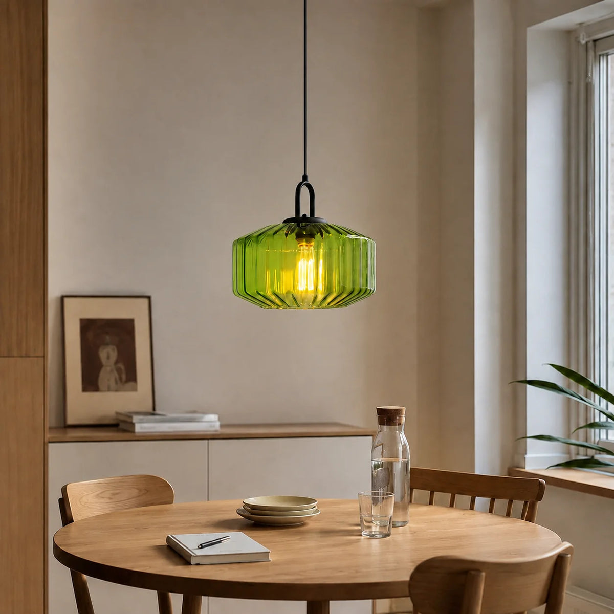 RoyaleGlow Ribbed Green Glass Pendant Light Modern Kitchen Island Hanging Lamp - Royale Basic