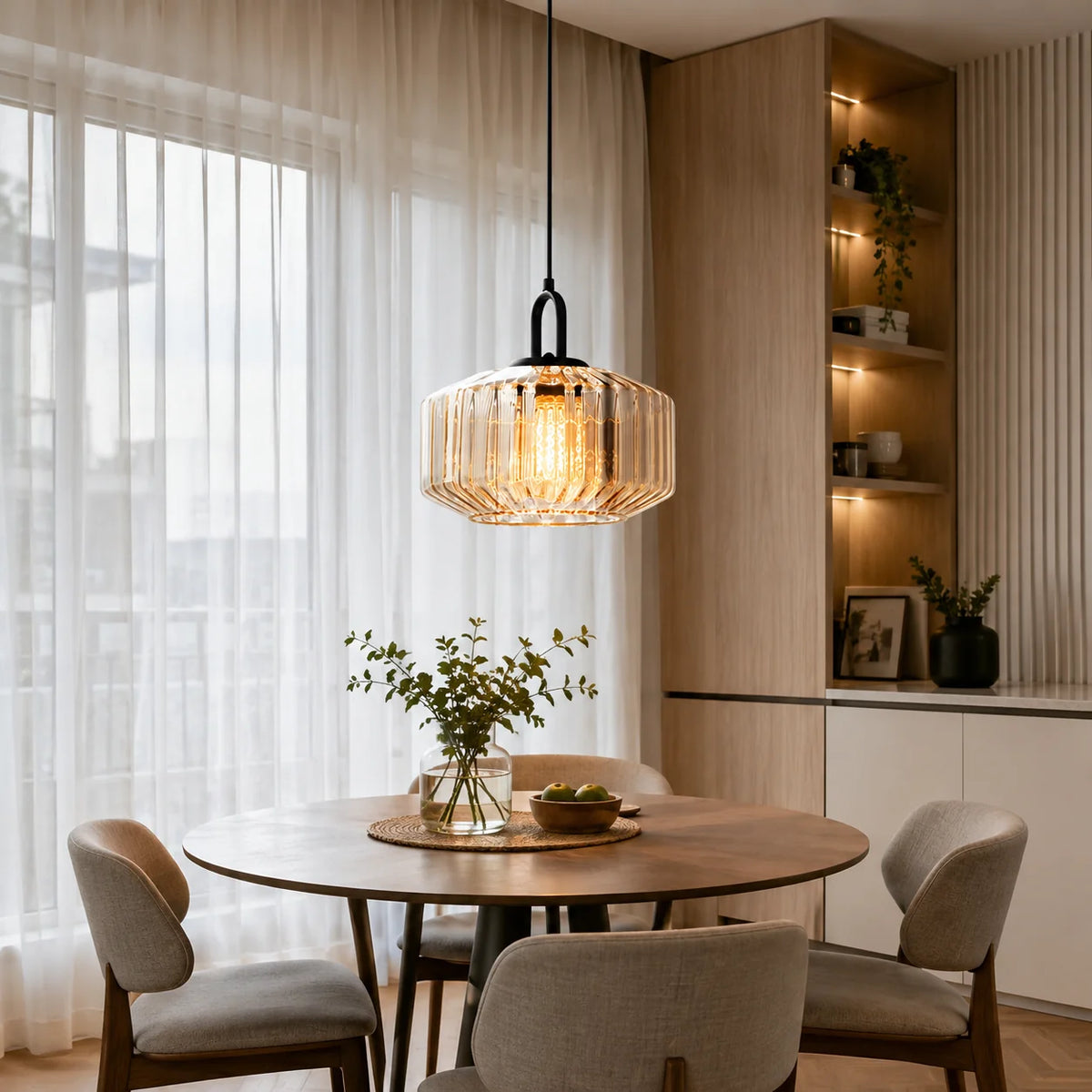 RoyaleGlow Ribbed Green Glass Pendant Light Modern Kitchen Island Hanging Lamp - Royale Basic