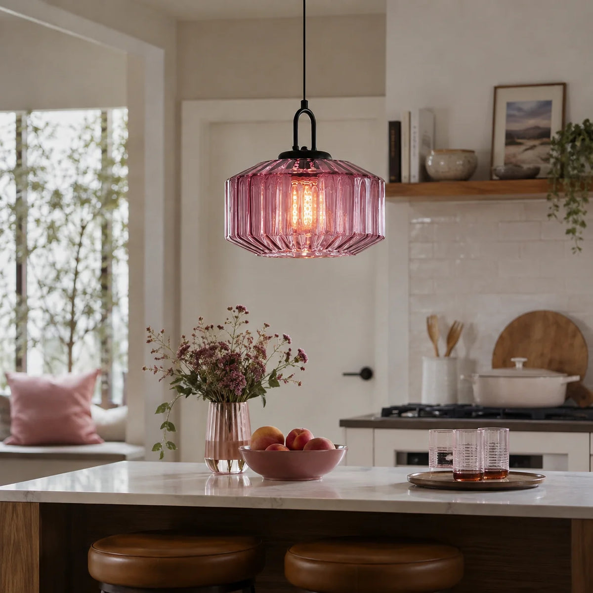 RoyaleGlow Ribbed Green Glass Pendant Light Modern Kitchen Island Hanging Lamp - Royale Basic