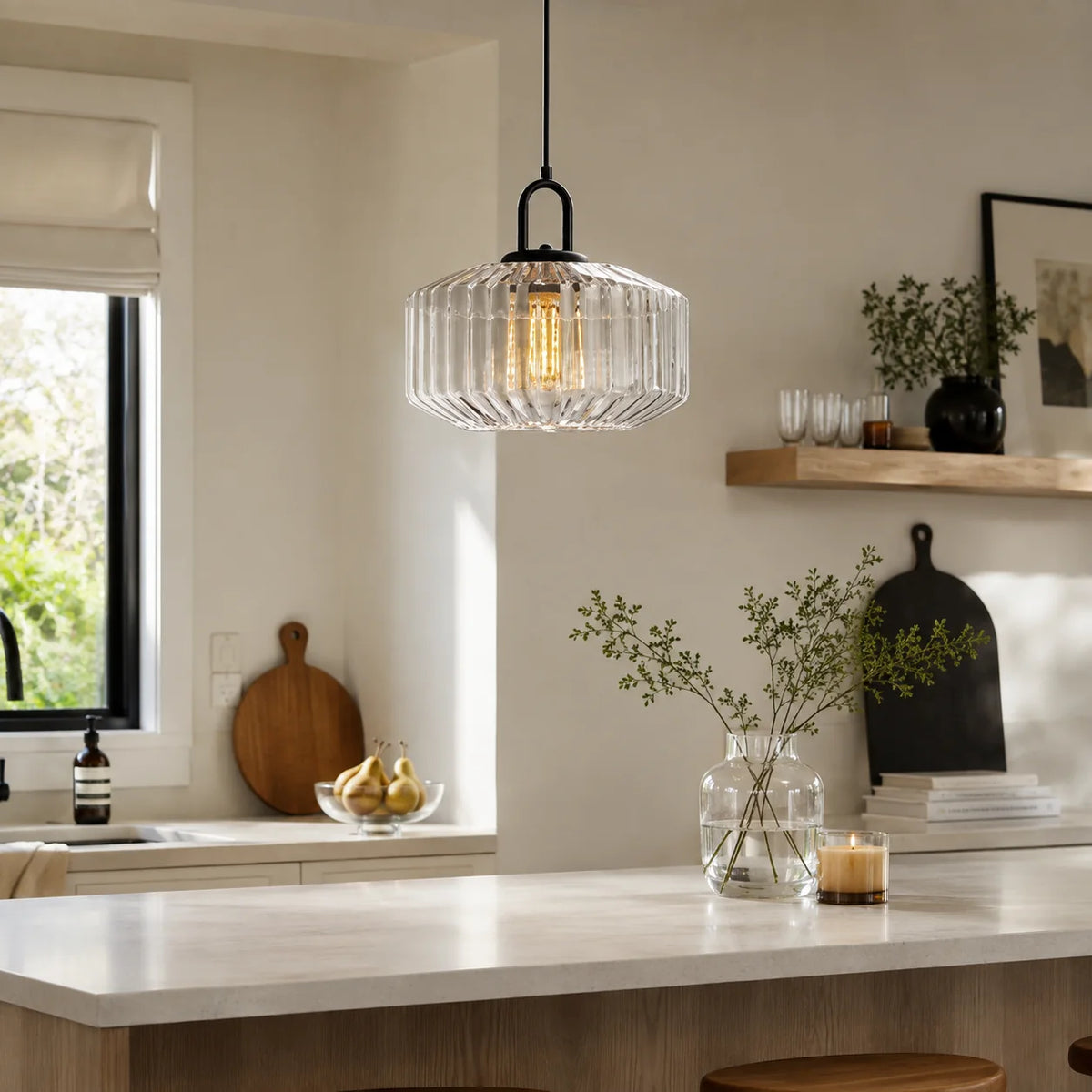 RoyaleGlow Ribbed Green Glass Pendant Light Modern Kitchen Island Hanging Lamp - Royale Basic