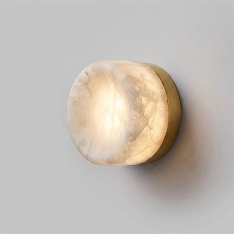 RoyaleGlow Round Alabaster Wall Sconce Modern Brass Light Fixture - Royale Basic