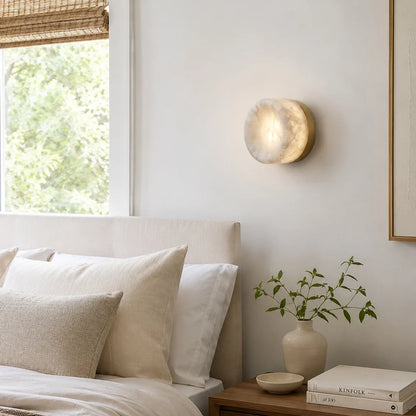 RoyaleGlow Round Alabaster Wall Sconce Modern Brass Light Fixture - Royale Basic