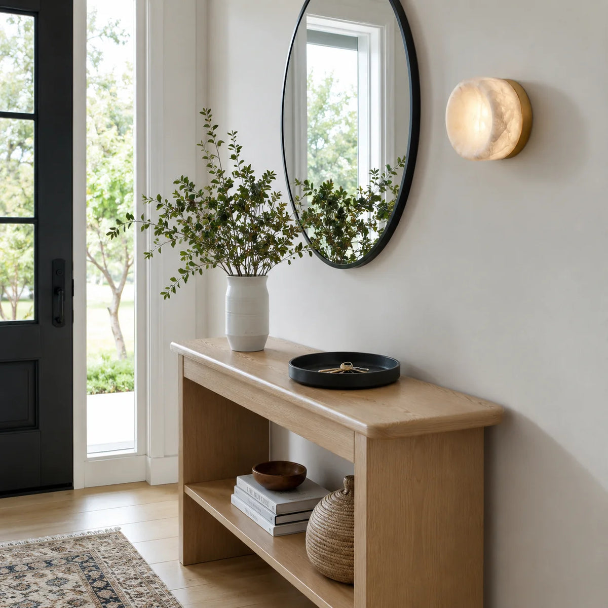 RoyaleGlow Round Alabaster Wall Sconce Modern Brass Light Fixture - Royale Basic