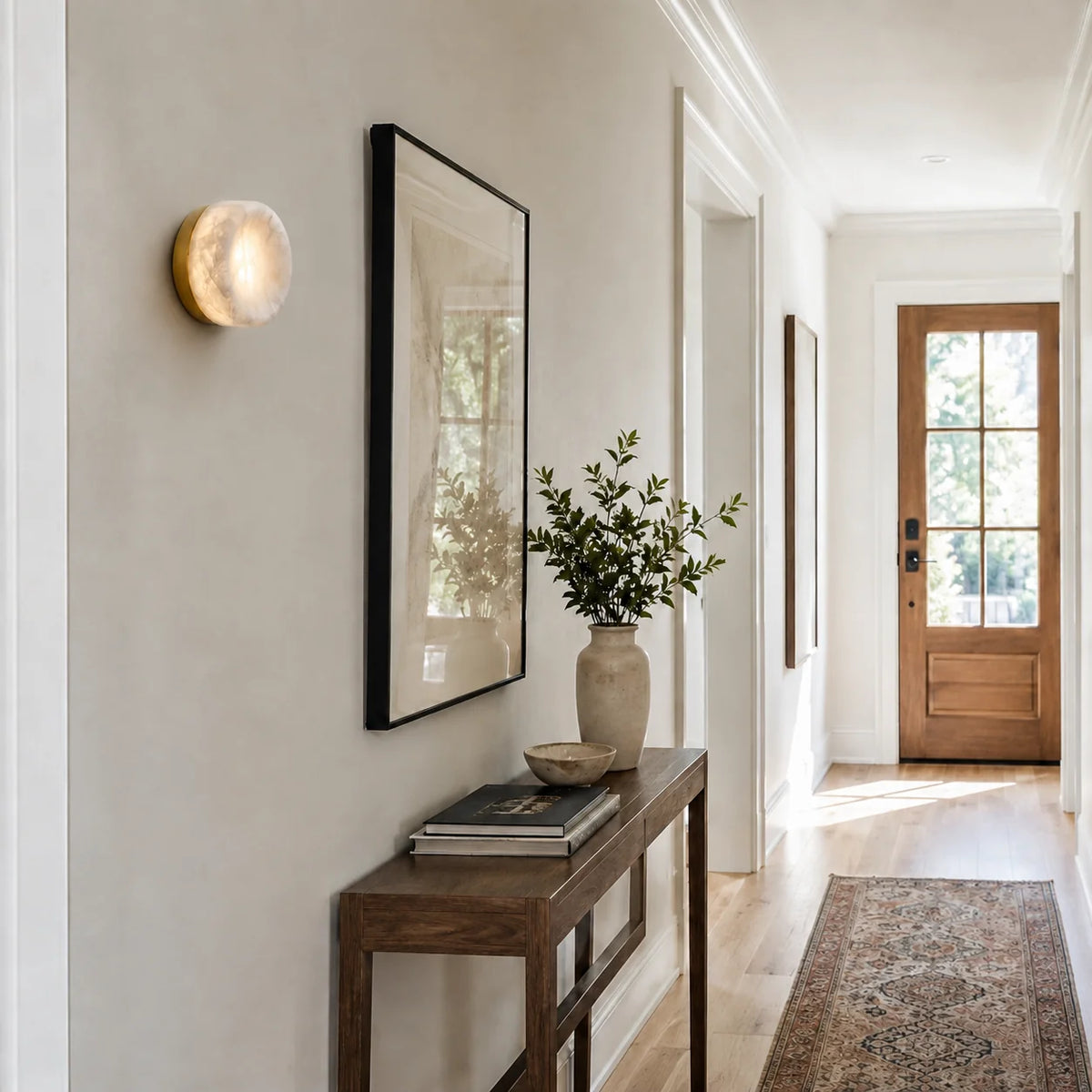 RoyaleGlow Round Alabaster Wall Sconce Modern Brass Light Fixture - Royale Basic