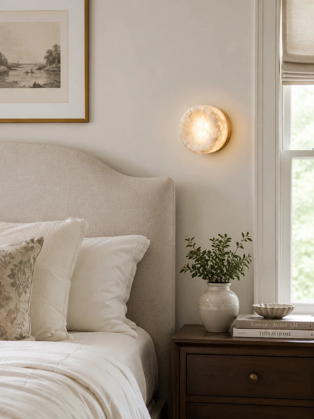 RoyaleGlow Round Alabaster Wall Sconce Modern Brass Light Fixture - Royale Basic