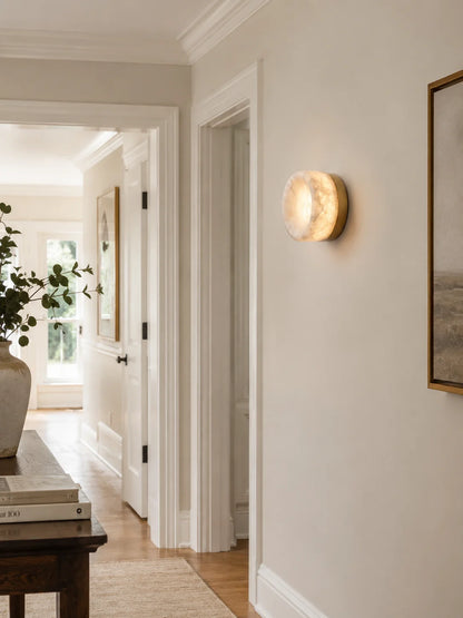 RoyaleGlow Round Alabaster Wall Sconce Modern Brass Light Fixture - Royale Basic