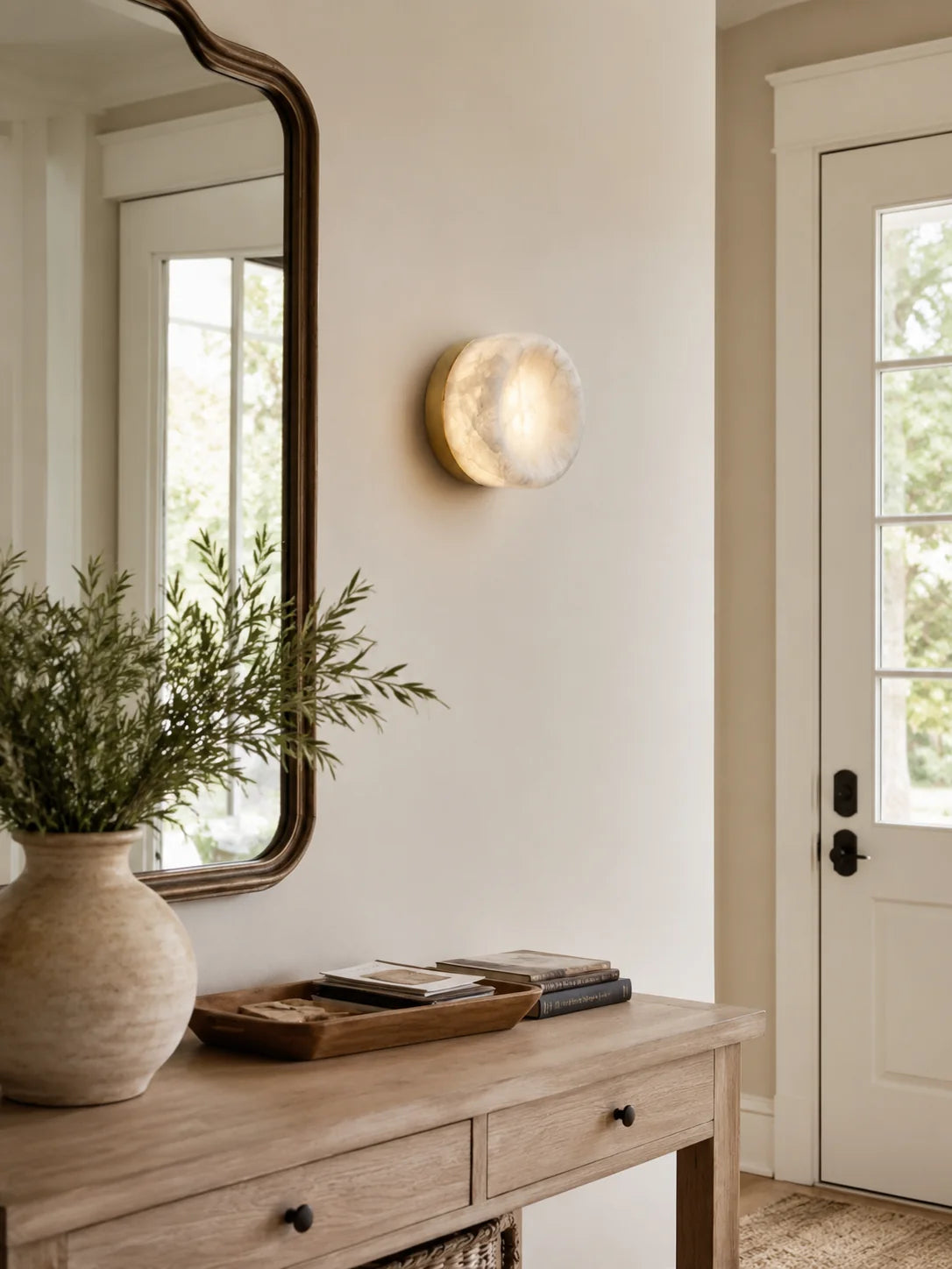 RoyaleGlow Round Alabaster Wall Sconce Modern Brass Light Fixture - Royale Basic