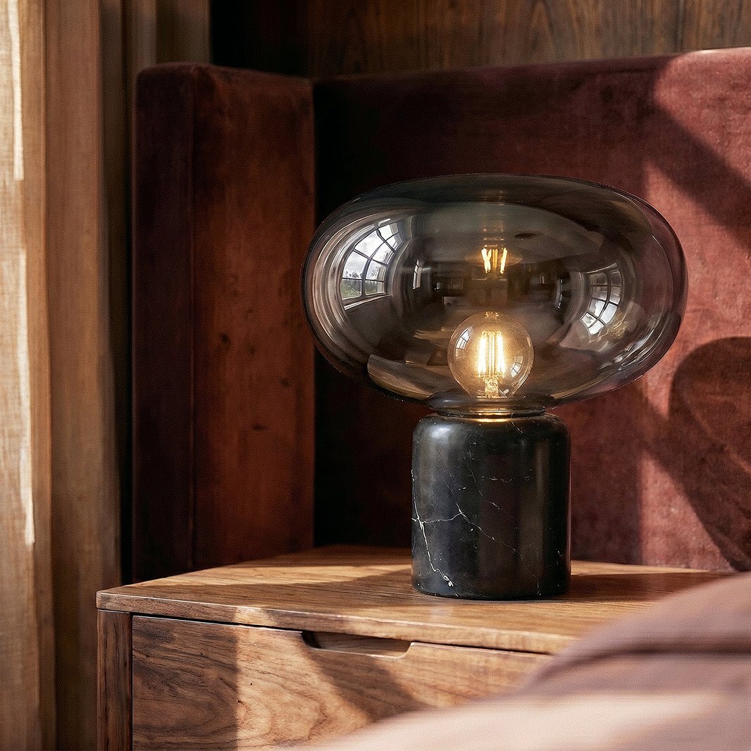RoyaleGlow Smoked Glass Mushroom Table Lamp with Marble Base - Royale Basic