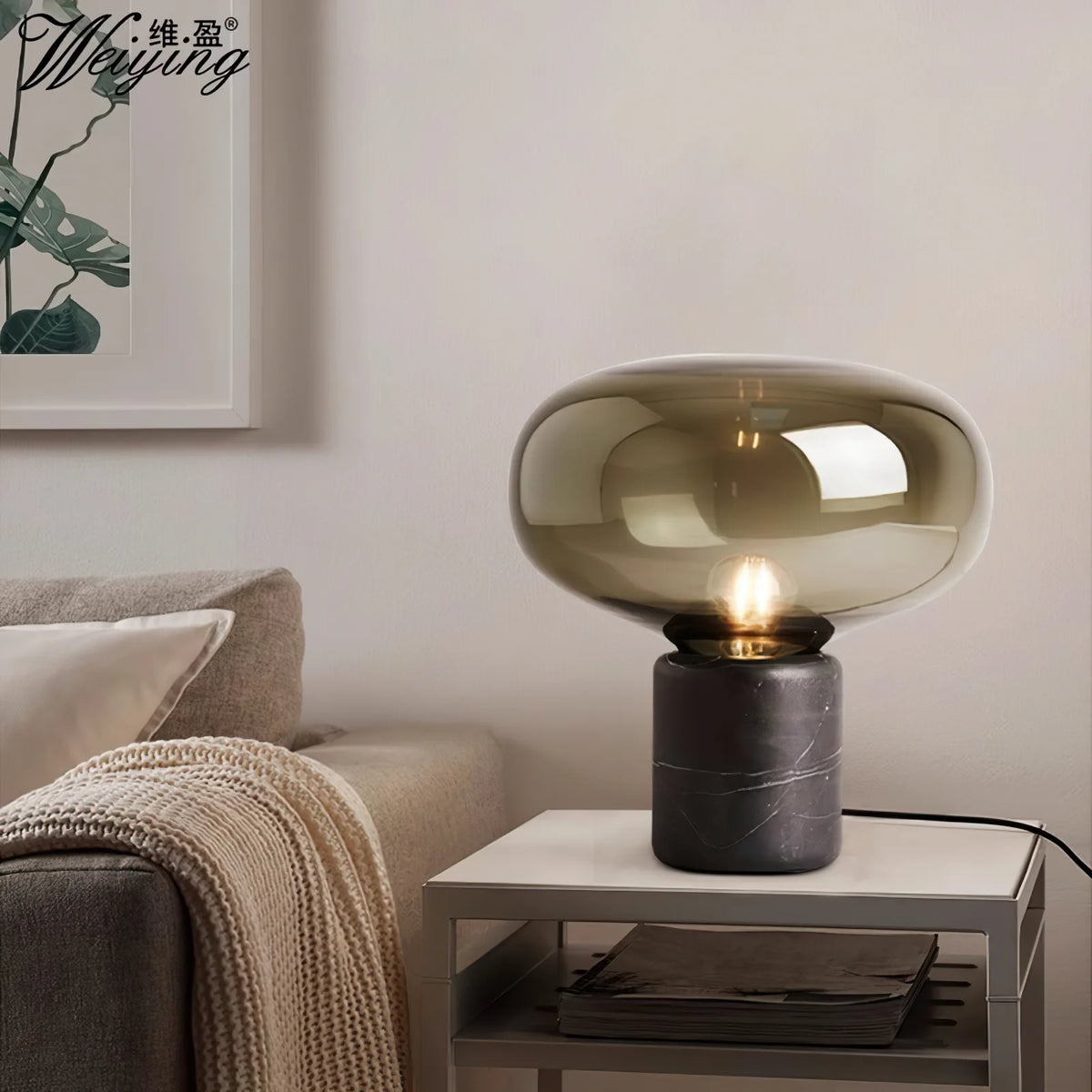 RoyaleGlow Smoked Glass Mushroom Table Lamp with Marble Base - Royale Basic