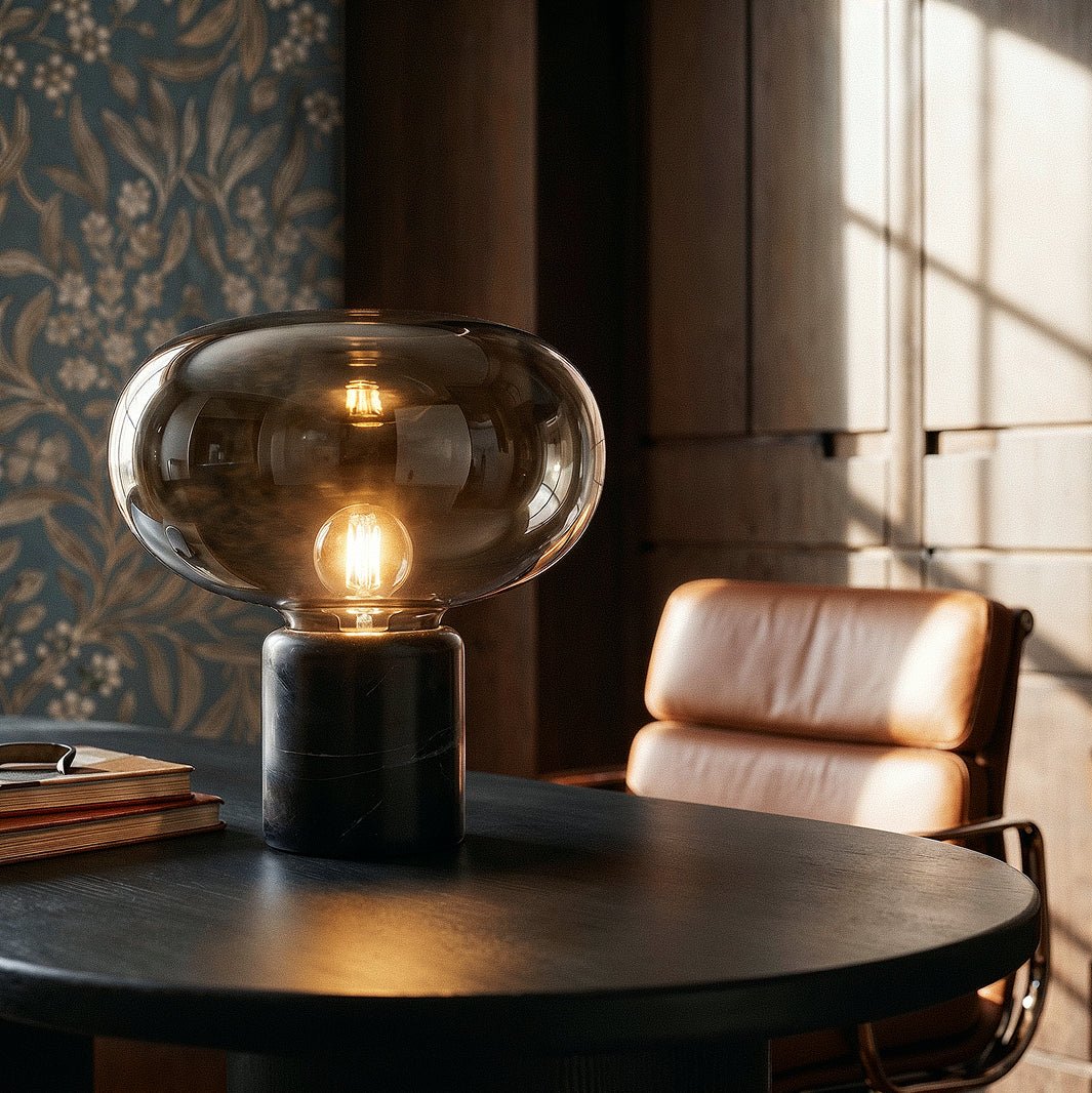 RoyaleGlow Smoked Glass Mushroom Table Lamp with Marble Base - Royale Basic