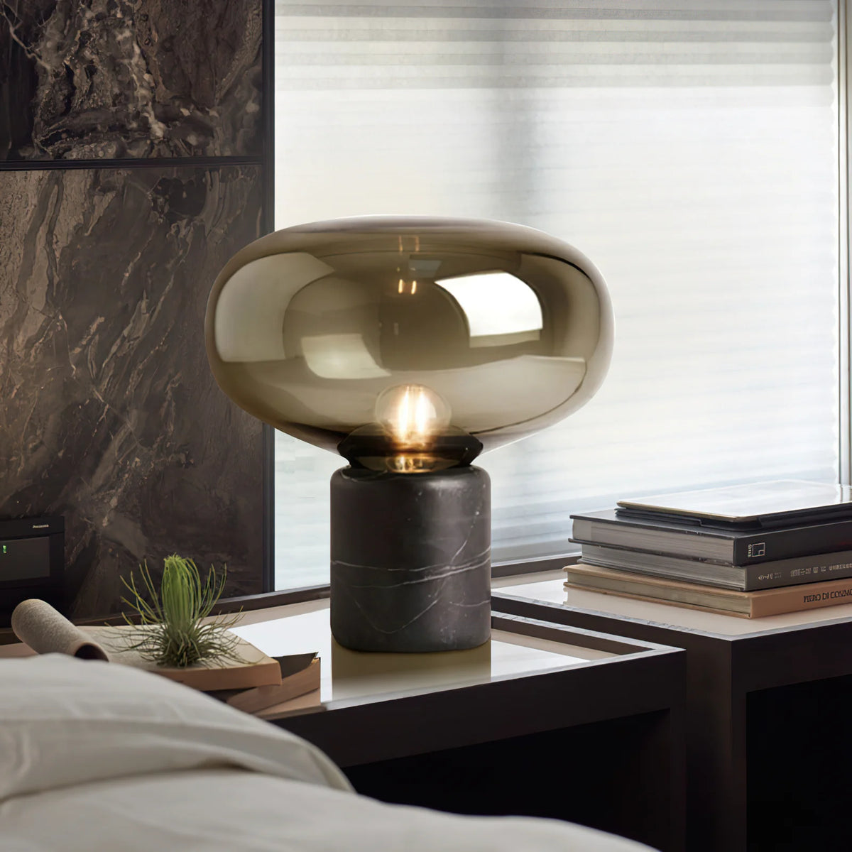 RoyaleGlow Smoked Glass Mushroom Table Lamp with Marble Base - Royale Basic