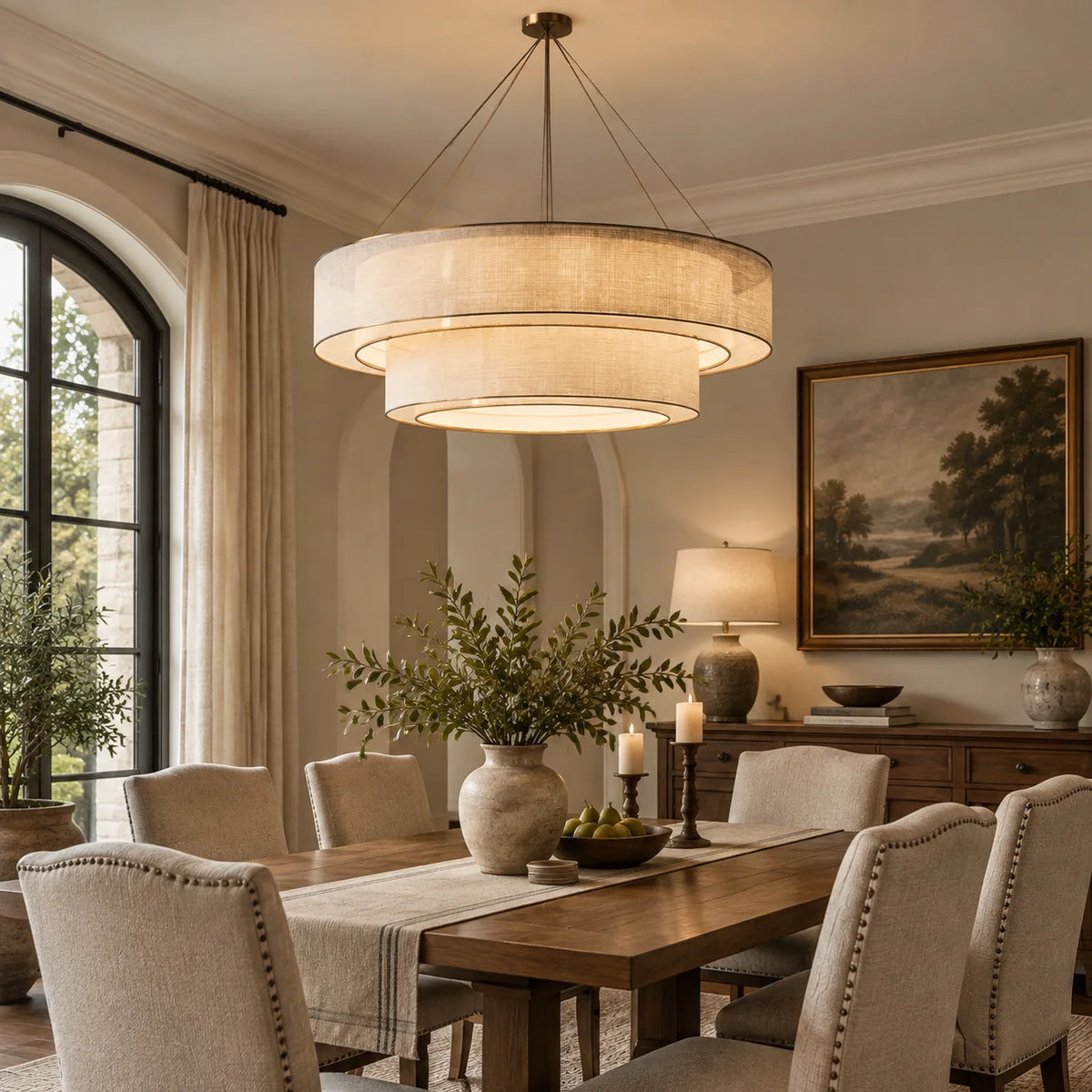 RoyaleGlow Tiered Drum Chandelier Modern Linen Hanging Light Fixture - Royale Basic