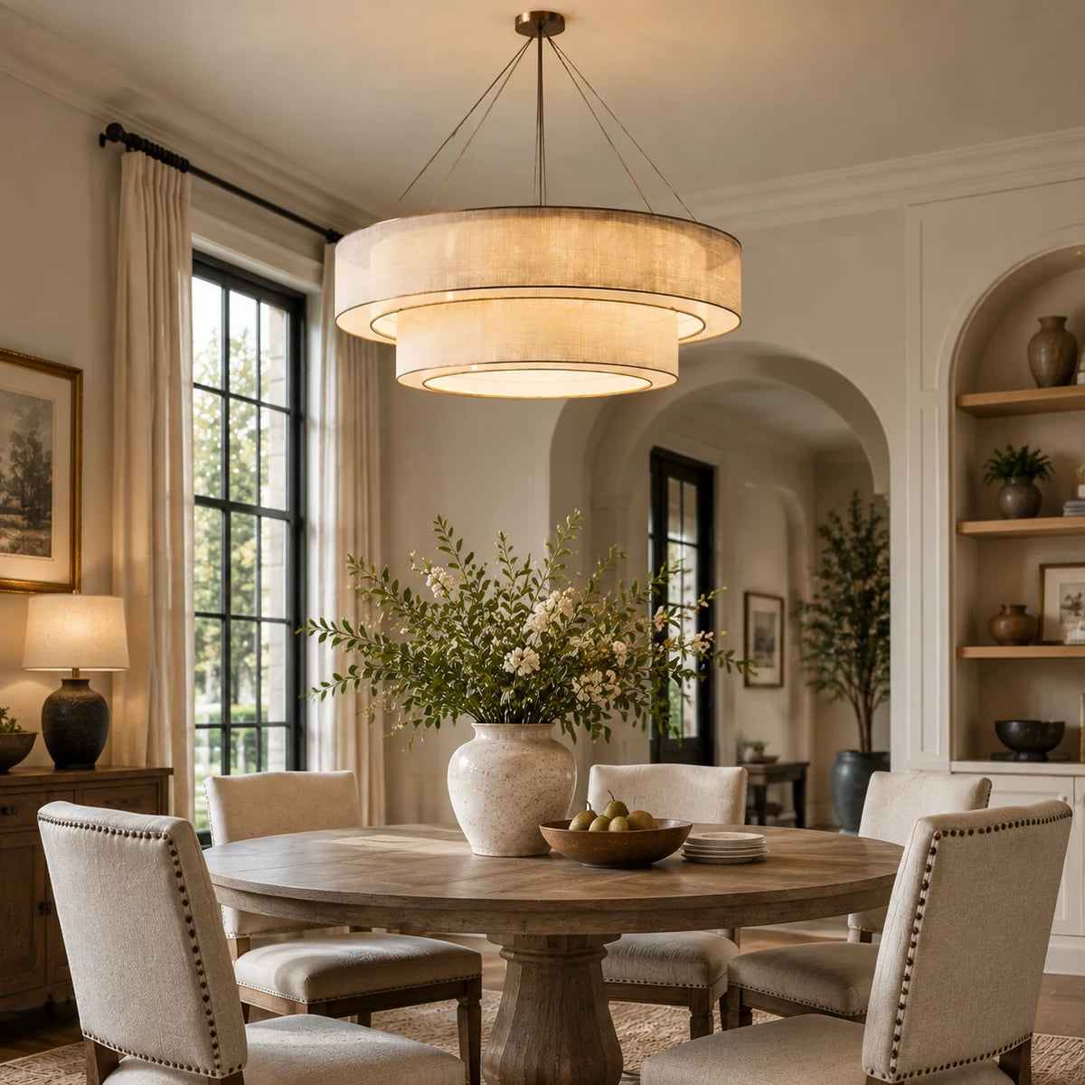 RoyaleGlow Tiered Drum Chandelier Modern Linen Hanging Light Fixture - Royale Basic
