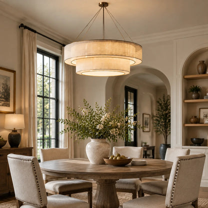 RoyaleGlow Tiered Drum Chandelier Modern Linen Hanging Light Fixture - Royale Basic