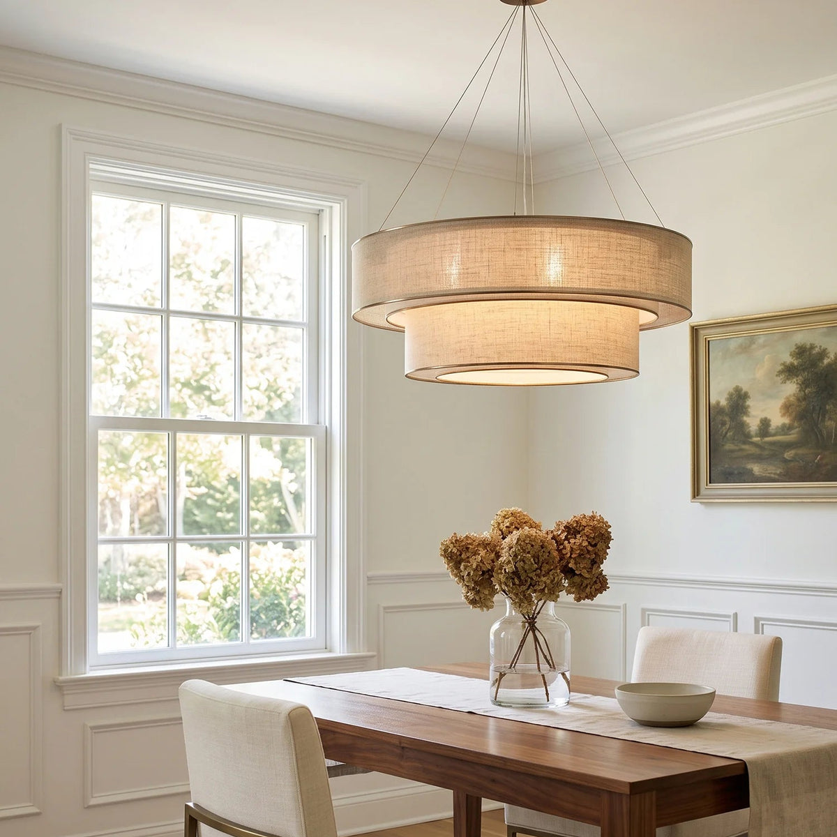 RoyaleGlow Tiered Drum Chandelier Modern Linen Hanging Light Fixture - Royale Basic