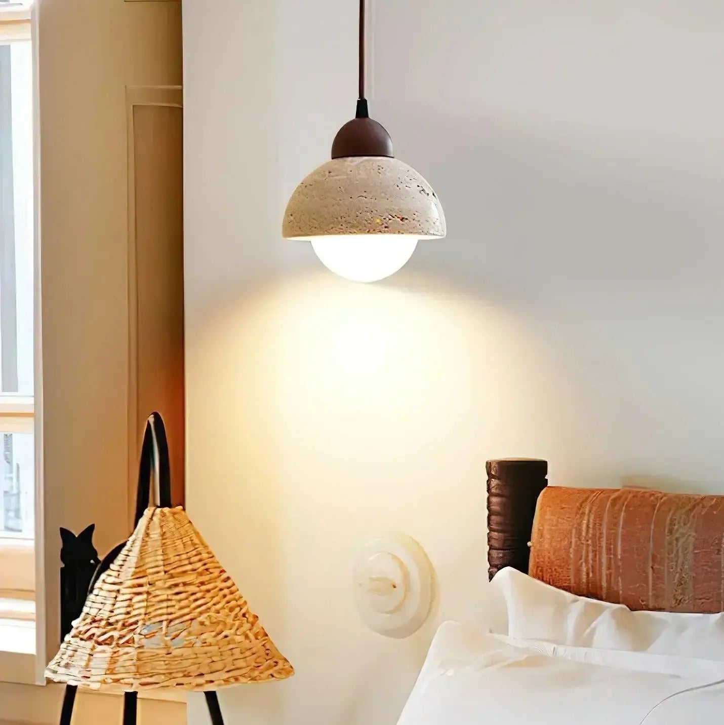 RoyaleGlow Travertine & Glass Dome Pendant Light - Modern Organic Sconce-Royale Basic