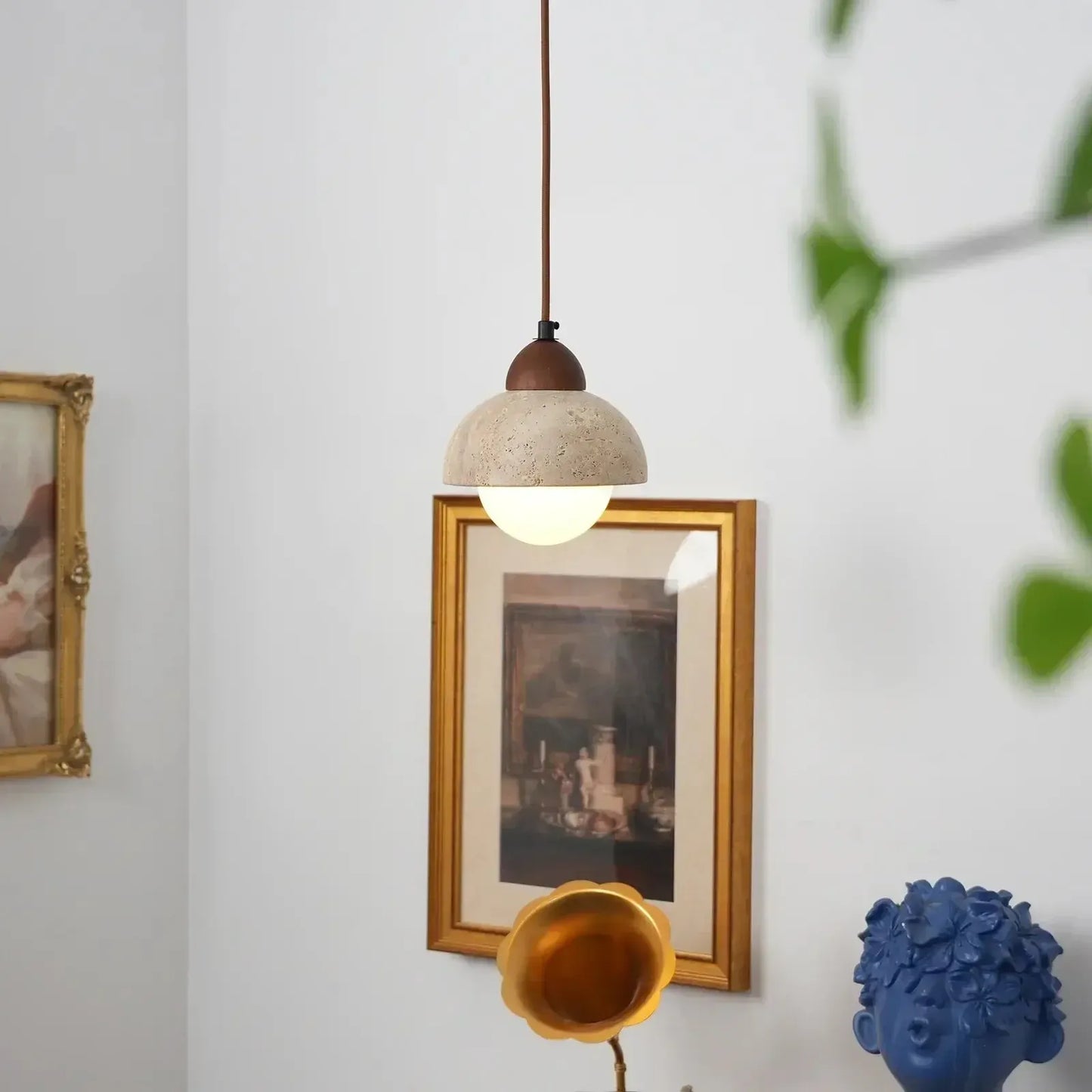 RoyaleGlow Travertine & Glass Dome Pendant Light - Modern Organic Sconce-Royale Basic