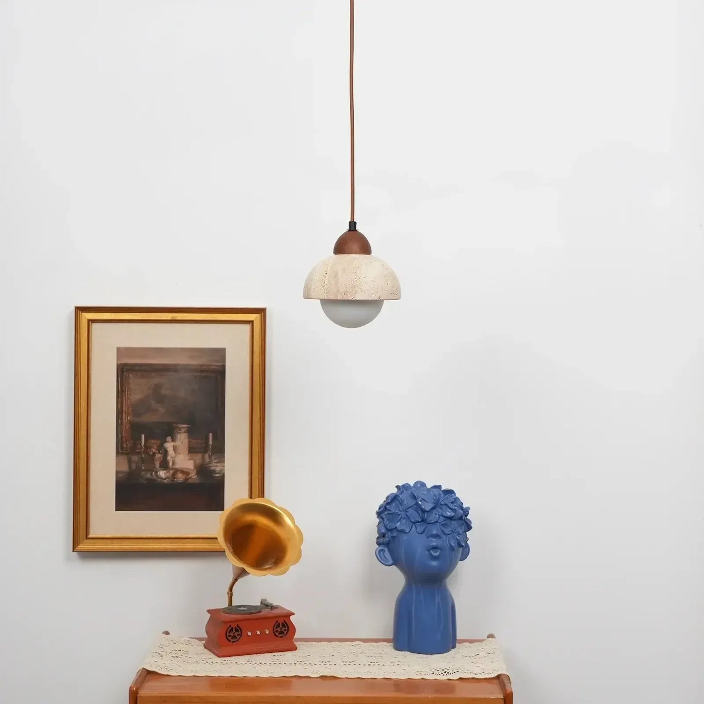 RoyaleGlow Travertine & Glass Dome Pendant Light - Modern Organic Sconce-Royale Basic
