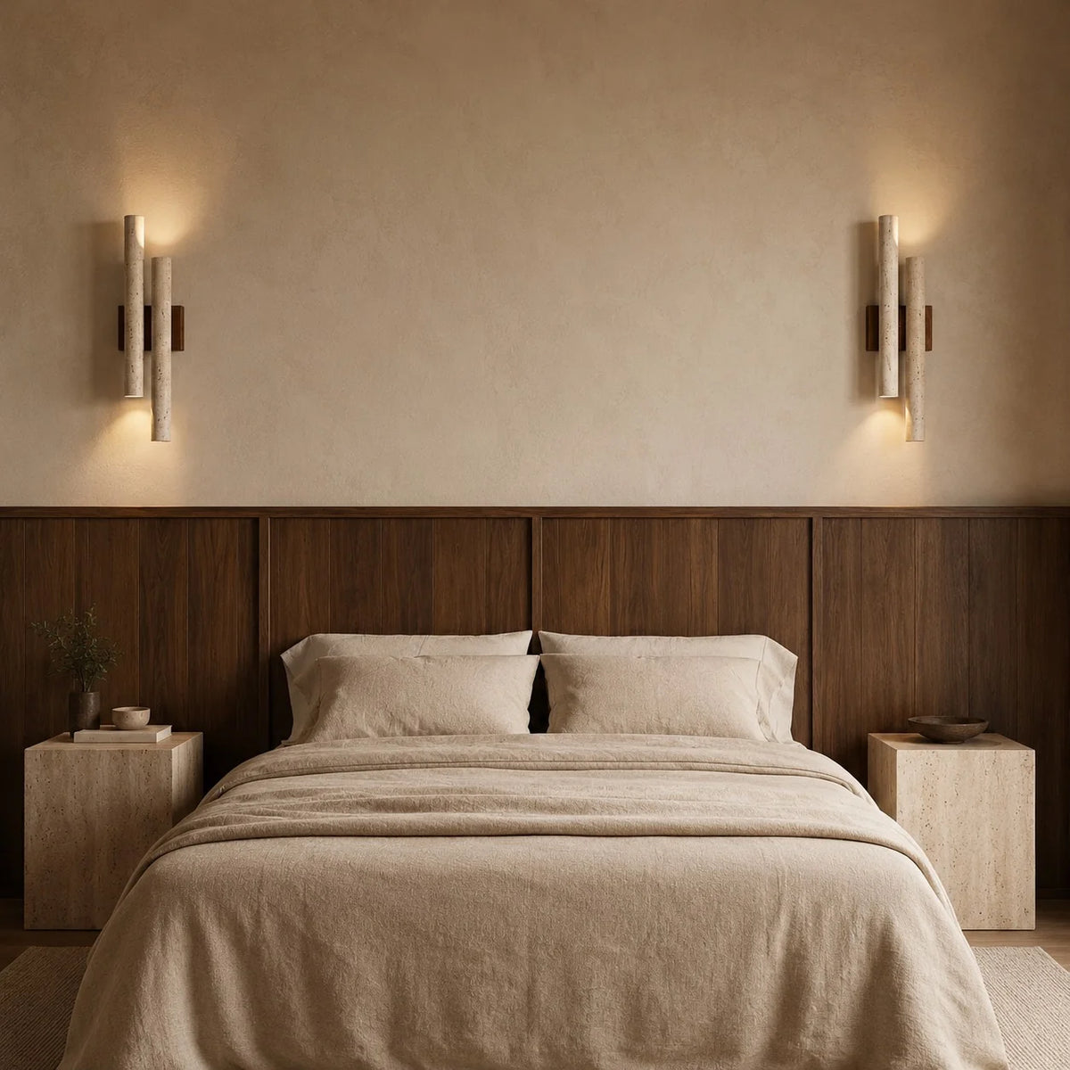 RoyaleGlow Travertine Wall Sconce Wooden Base LED Light Fixture - Royale Basic