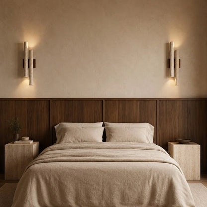 RoyaleGlow Travertine Wall Sconce Wooden Base LED Light Fixture - Royale Basic