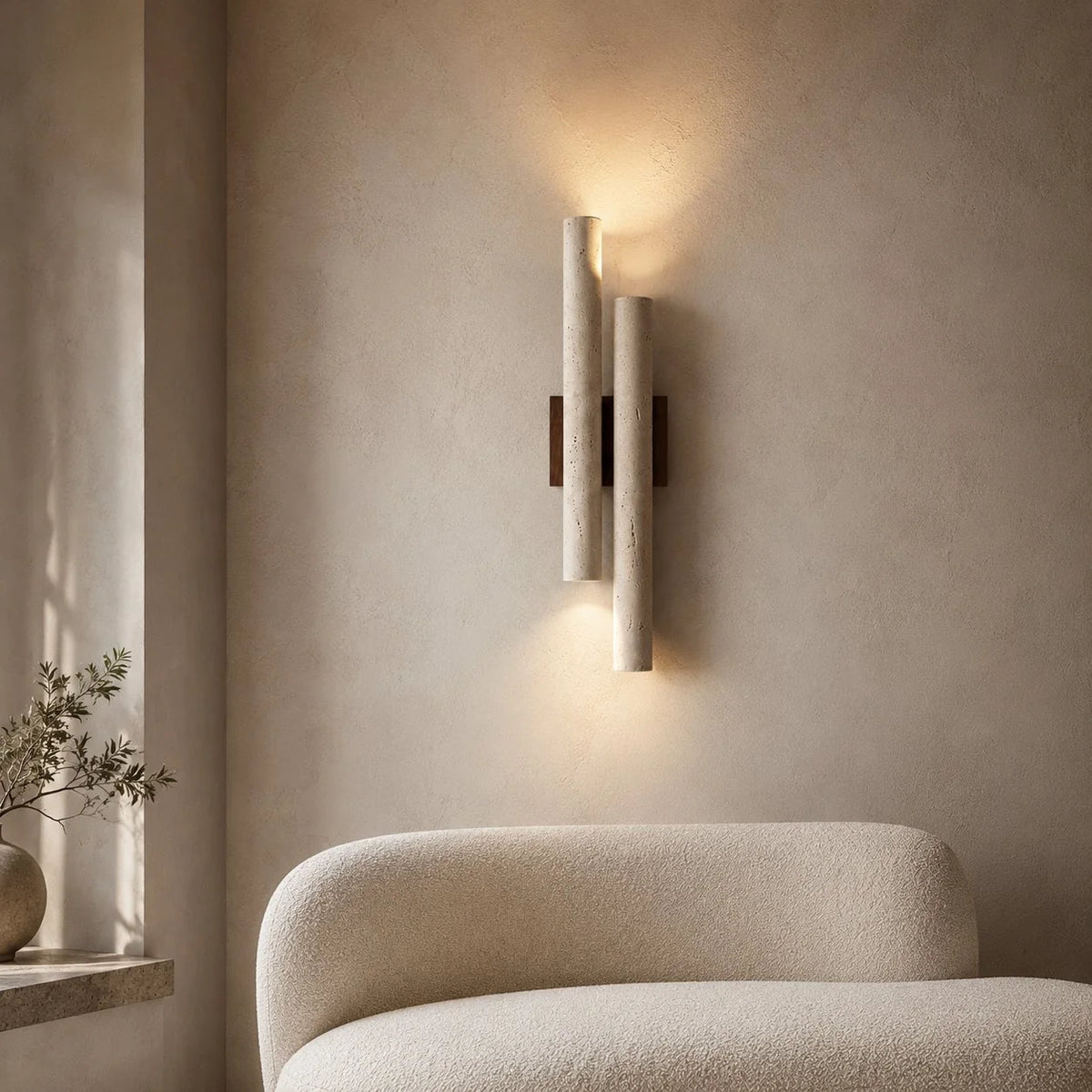 RoyaleGlow Travertine Wall Sconce Wooden Base LED Light Fixture - Royale Basic