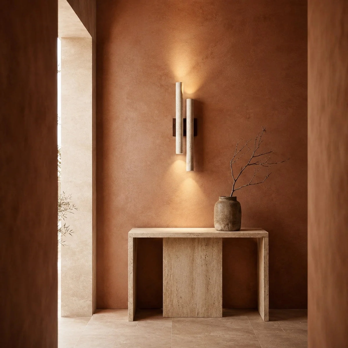 RoyaleGlow Travertine Wall Sconce Wooden Base LED Light Fixture - Royale Basic