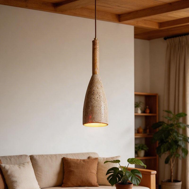 RoyaleGlow Travertine & Wood Pendant Light – Modern Minimalist Ceiling Fixture for Kitchen Island-Royale Basic