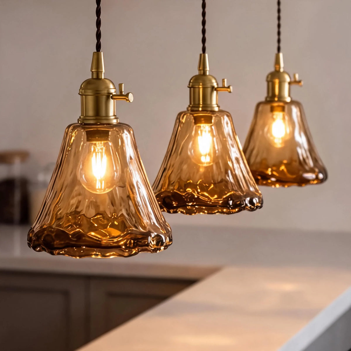 RoyaleGlow Vintage Amber Glass Pendant Light Brass Hanging Fixture - Royale Basic