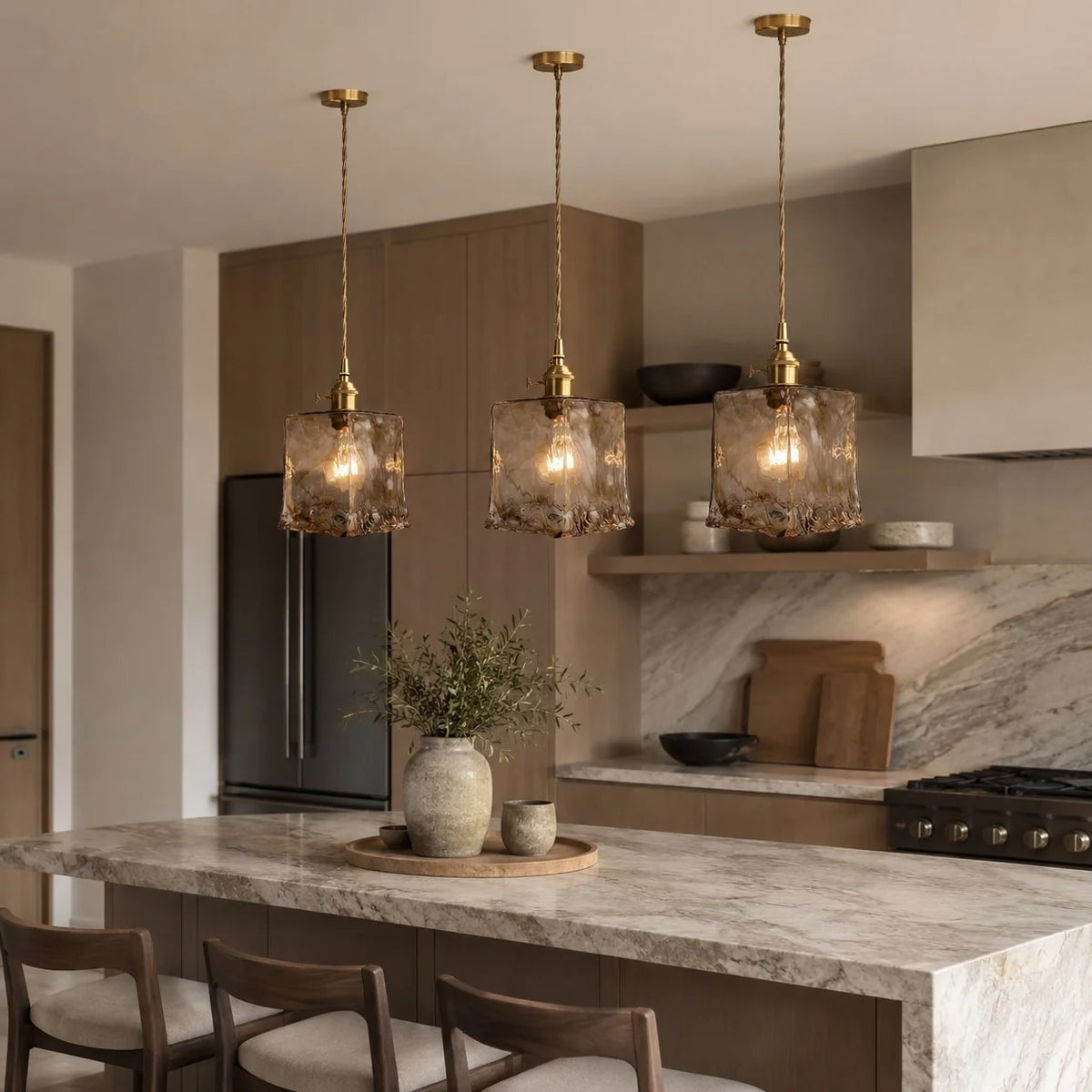 RoyaleGlow Vintage Amber Glass Pendant Light Brass Hanging Fixture - Royale Basic