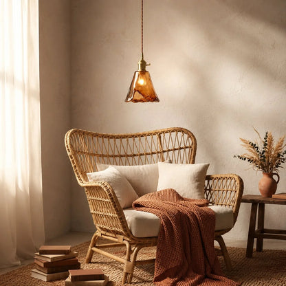 RoyaleGlow Vintage Amber Glass Pendant Light Brass Hanging Fixture - Royale Basic