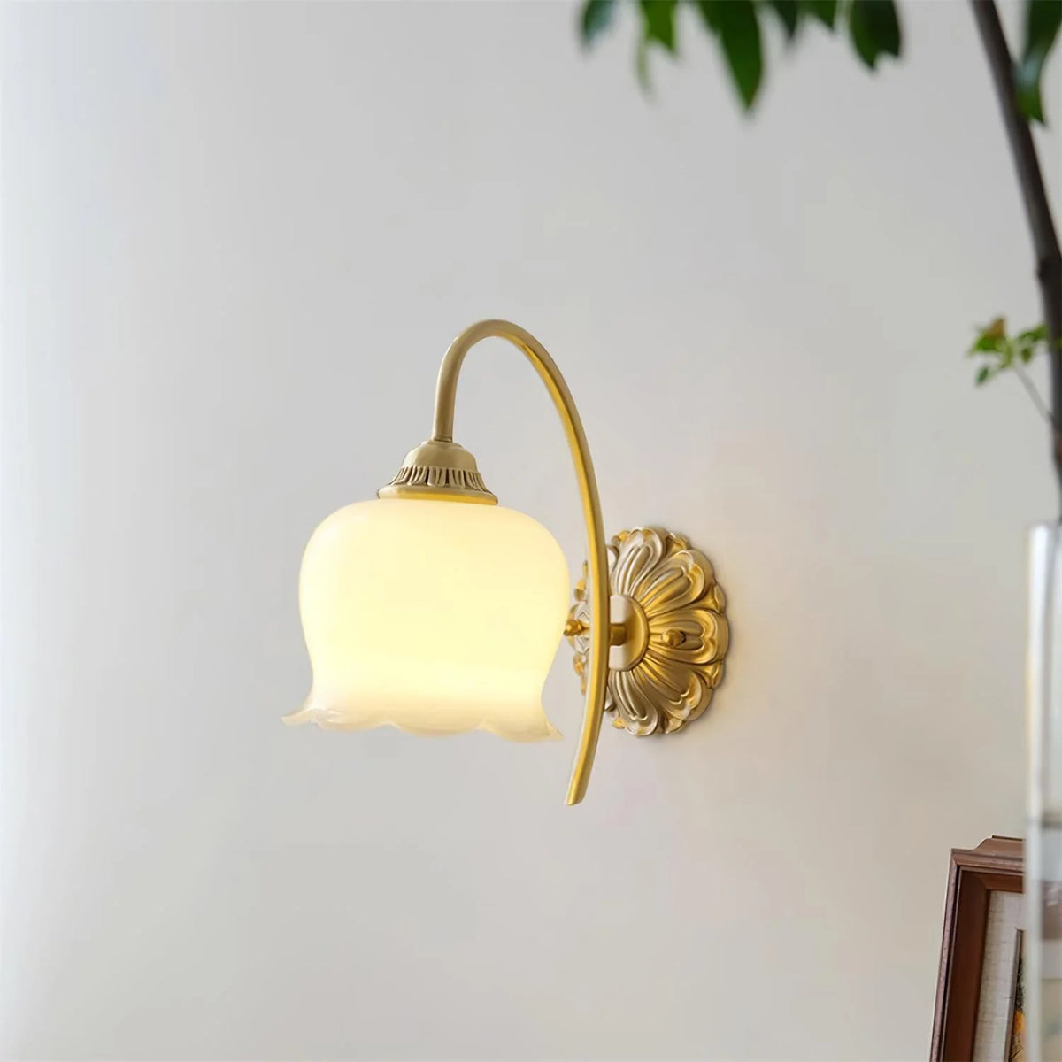 RoyaleGlow Vintage Frosted Tulip Wall Sconce Brass Floral Wall Lamp For Living Room - Royale Basic