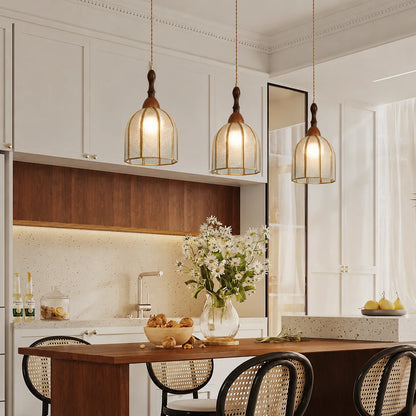 RoyaleGlow Vintage Wood And Textured Glass Pendant Light Kitchen Island Hanging Lamp - Royale Basic