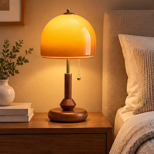 RoyaleGlow Vintage Wood Base Glass Shade Table Lamp for Bedroom Nightstand Decor - Royale Basic