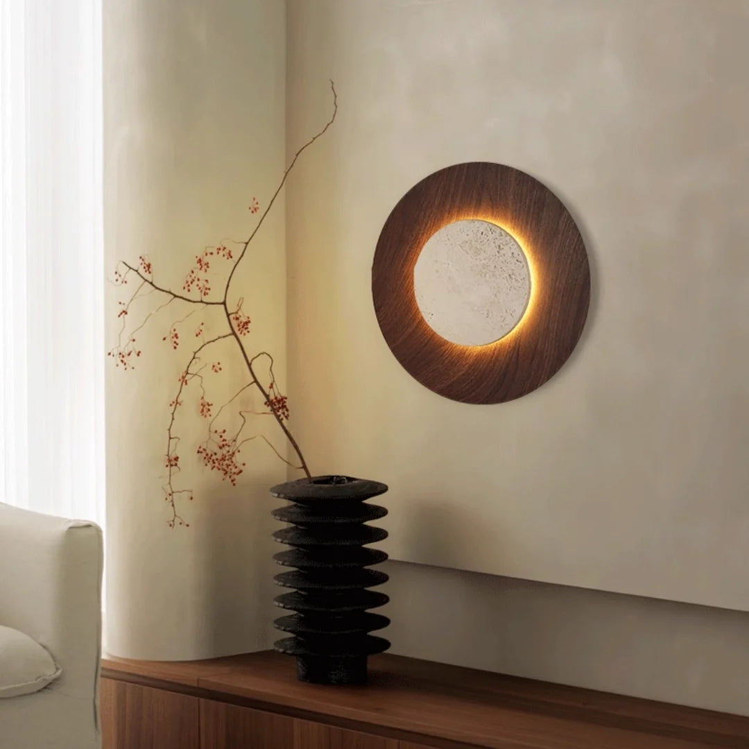 RoyaleGlow Yellow Travertine Round Wall Lamp Modern Stone Lighting Fixture - Royale Basic