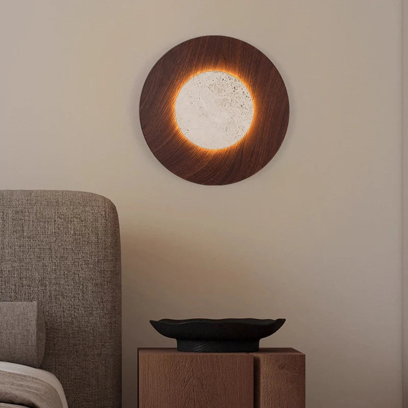 RoyaleGlow Yellow Travertine Round Wall Lamp Modern Stone Lighting Fixture - Royale Basic