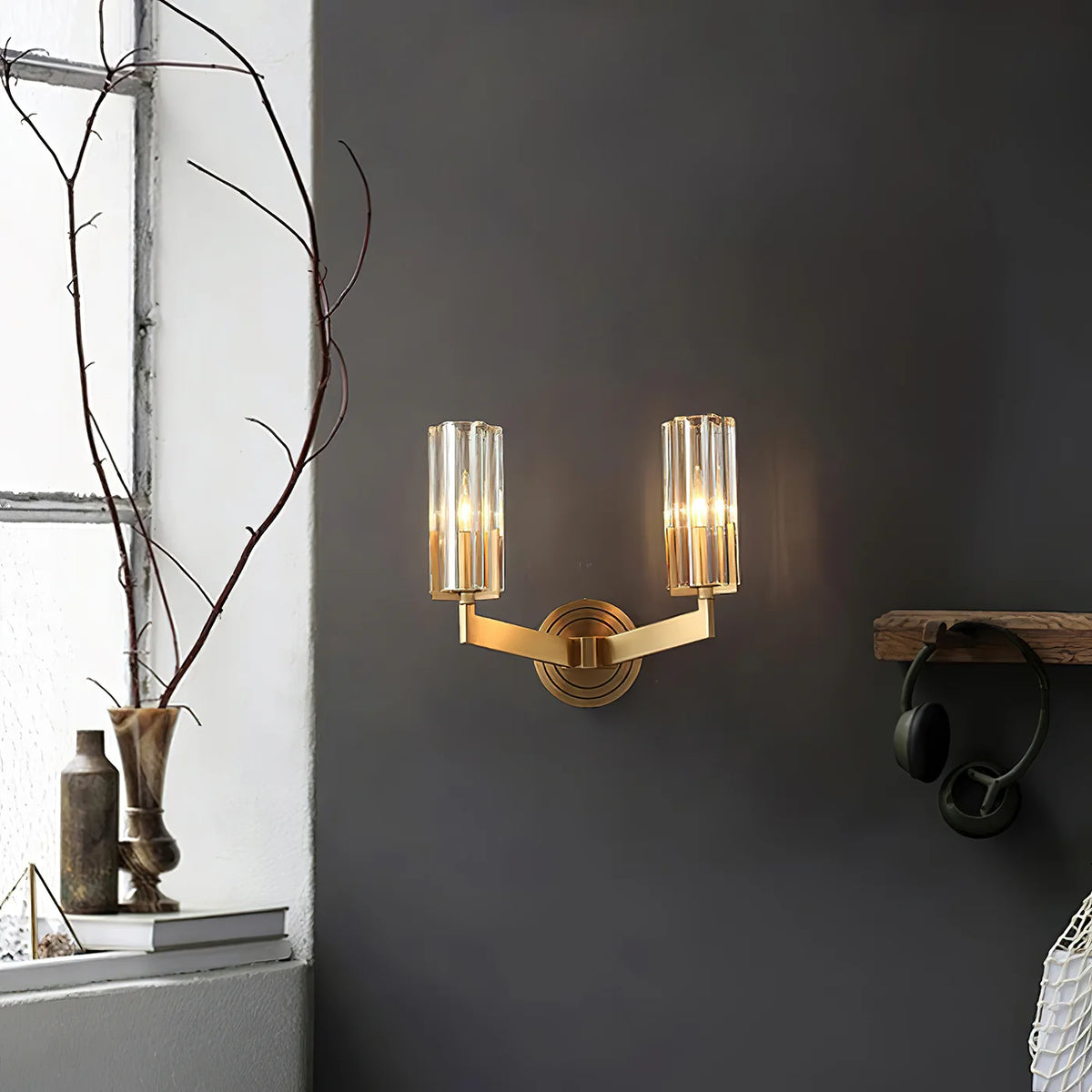 Royelux Modern Brass Wall Sconce Glass Cylinder Bedside Light Fixture - Royale Basic