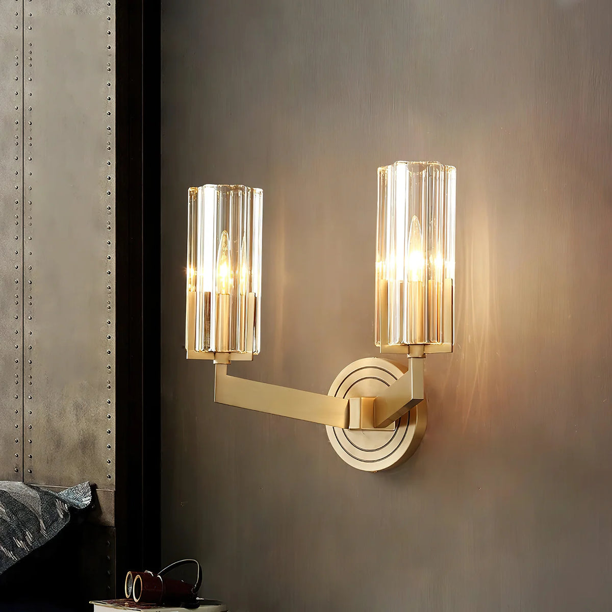 Royelux Modern Brass Wall Sconce Glass Cylinder Bedside Light Fixture - Royale Basic