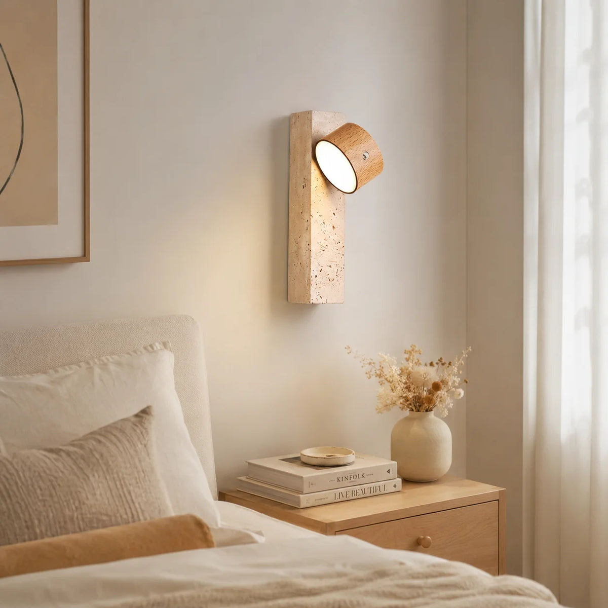 Royelux Modern Travertine and Wood Wall Sconce Lighting - Royale Basic