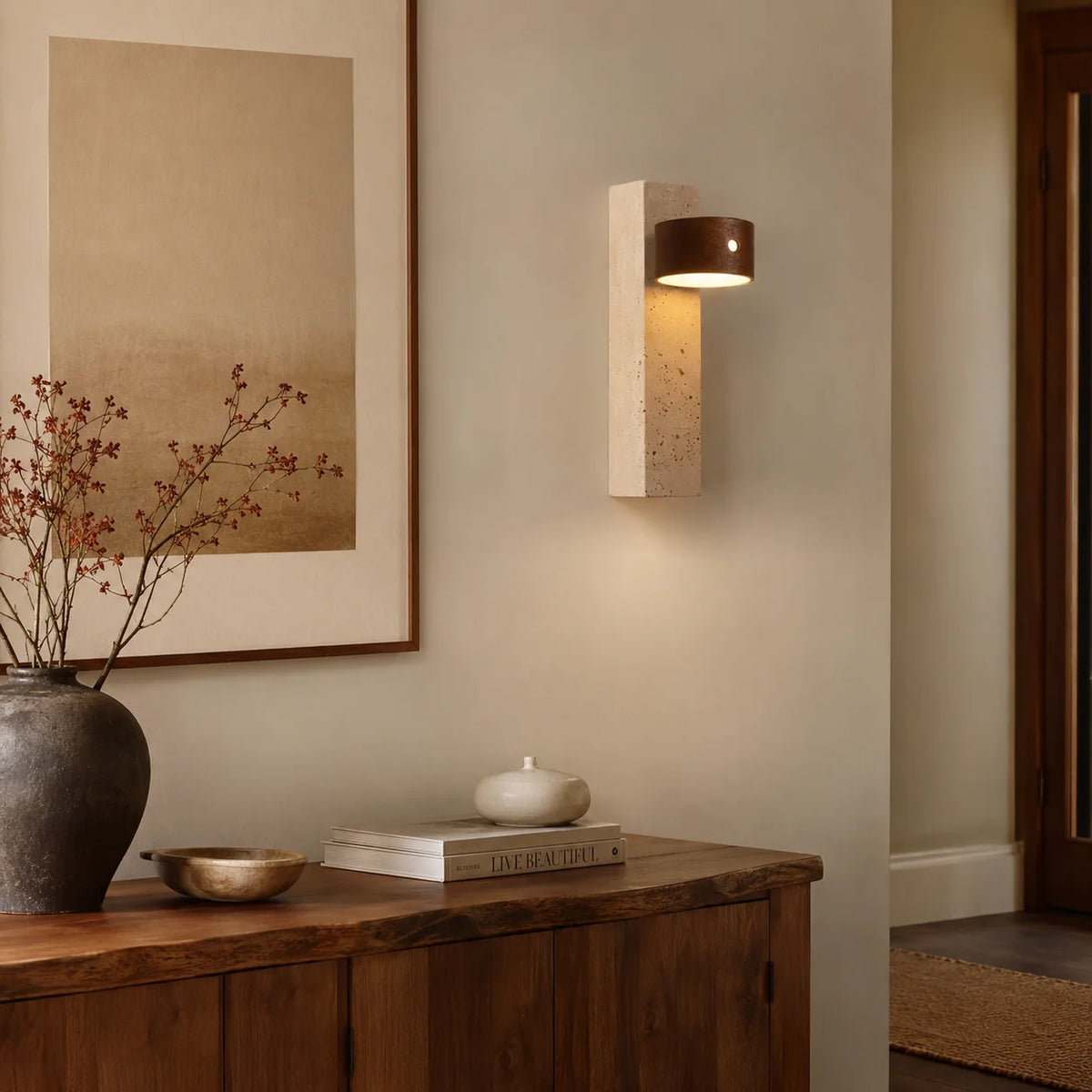 Royelux Modern Travertine and Wood Wall Sconce Lighting - Royale Basic