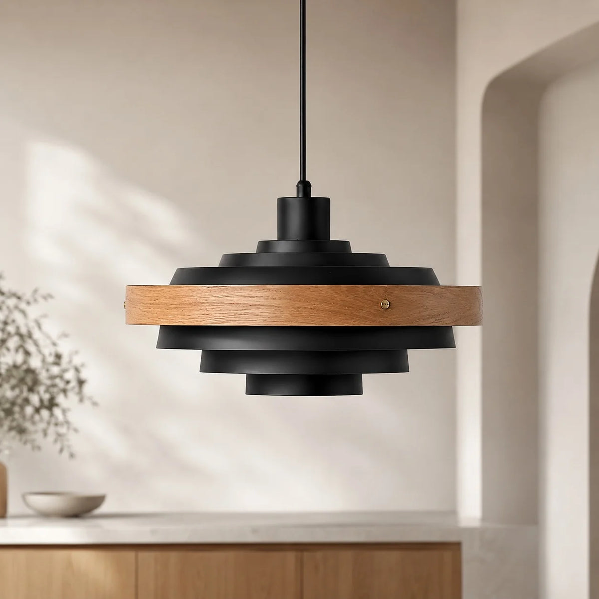 Royelux Modern Wood And Metal Drum Pendant Light 15 Inch Adjustable Hanging Lamp - Royale Basic