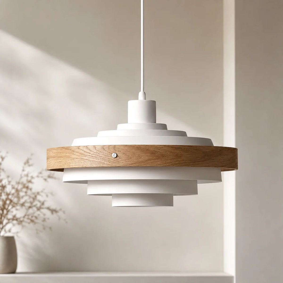 Royelux Modern Wood And Metal Drum Pendant Light 15 Inch Adjustable Hanging Lamp - Royale Basic