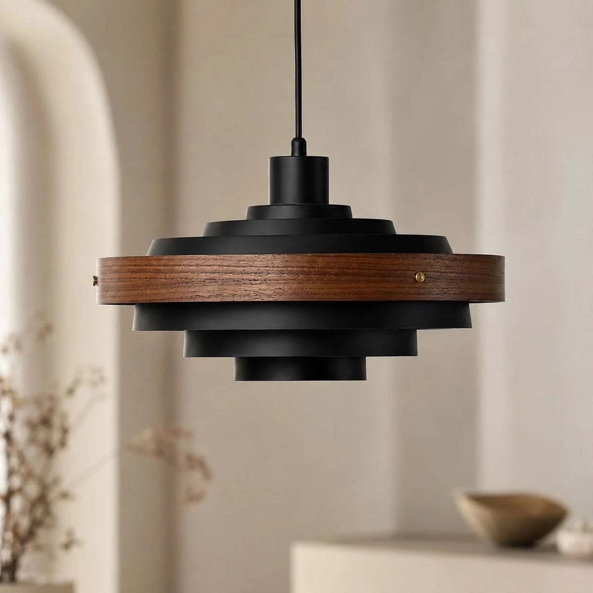 Royelux Modern Wood And Metal Drum Pendant Light 15 Inch Adjustable Hanging Lamp - Royale Basic