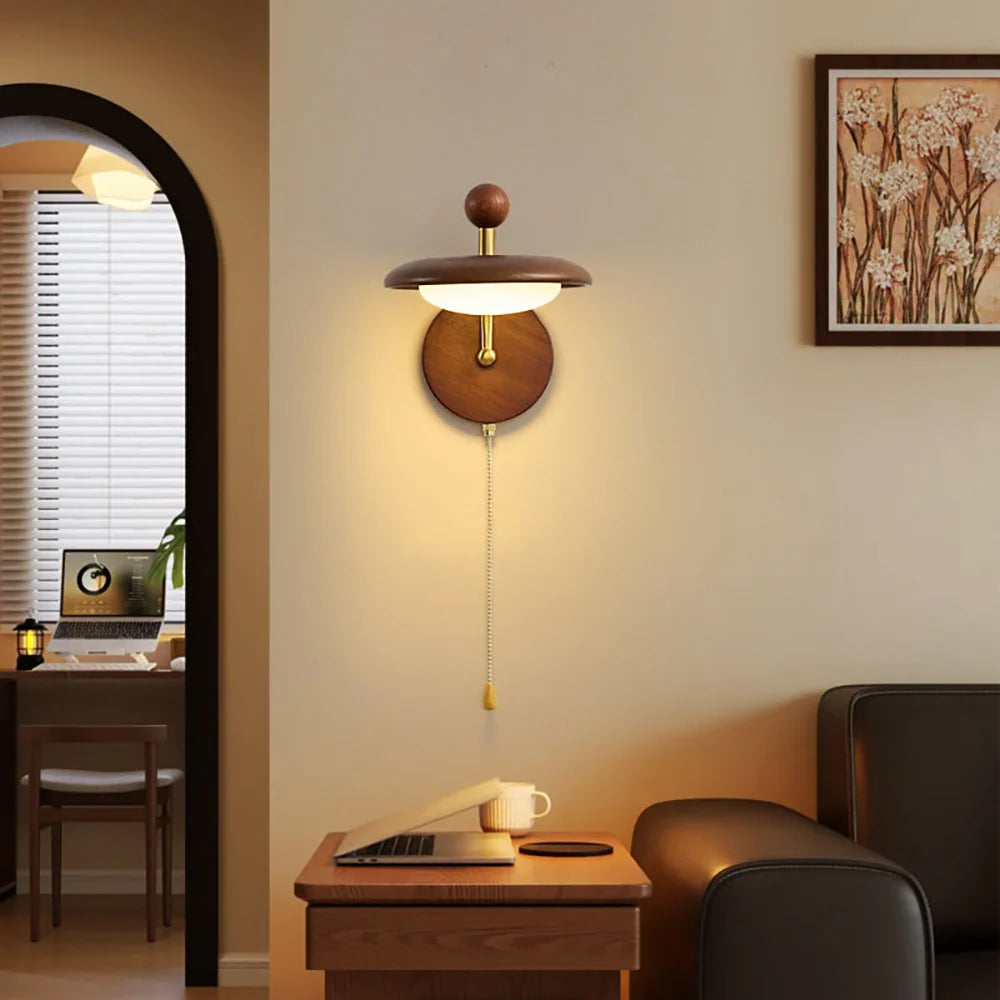 Royelux Modern Wood Wall Sconce Mid Century Brass Pull Chain Light Fixture - Royale Basic