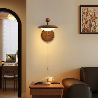Royelux Modern Wood Wall Sconce Mid Century Brass Pull Chain Light Fixture - Royale Basic