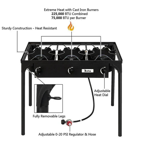 Royaleva Outdoor Camping Stove Grill: Portable Propane 3-Burner Cooker 225,000 BTU