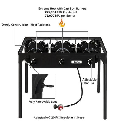 Royaleva Outdoor Camping Stove Grill: Portable Propane 3-Burner Cooker 225,000 BTU