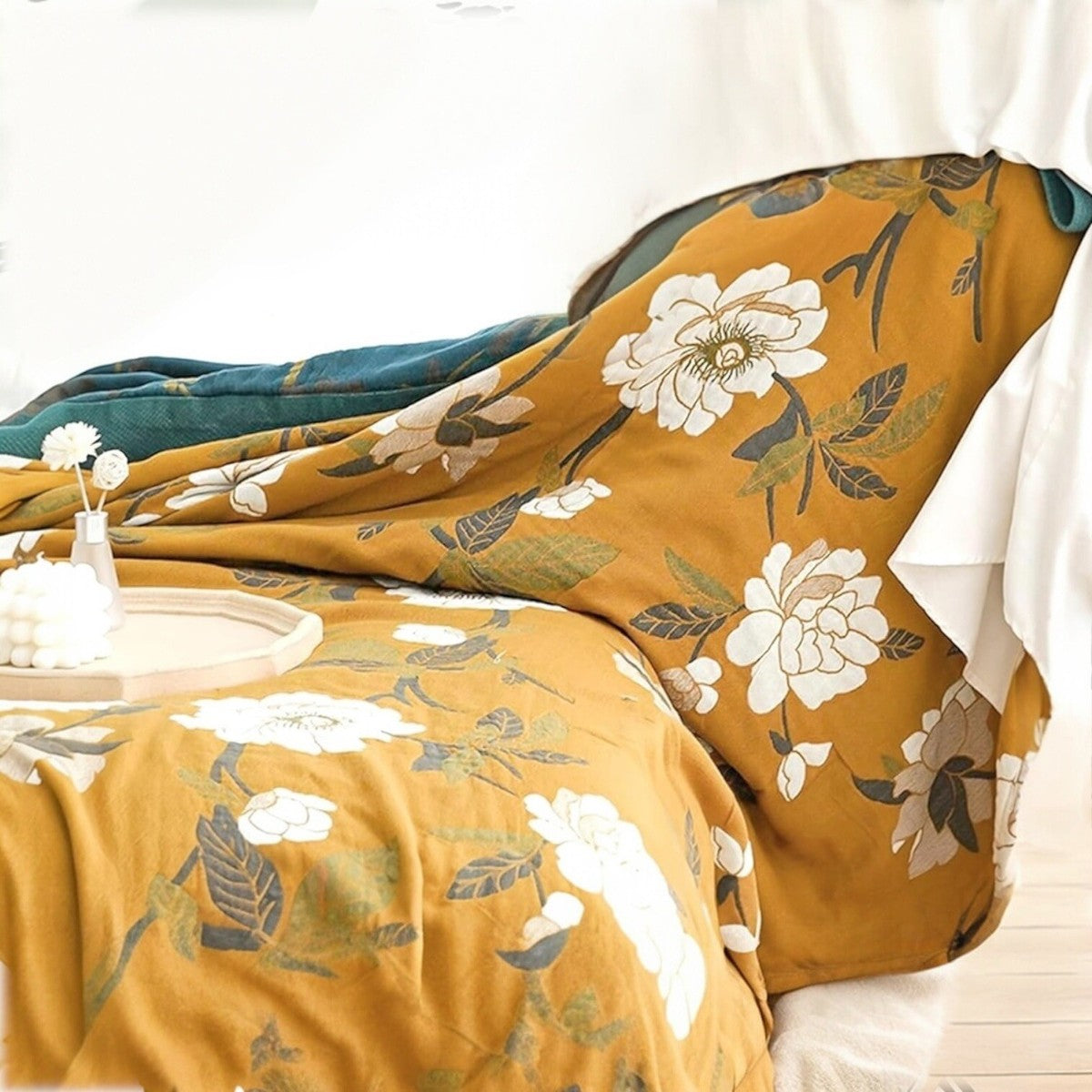 Lumora Reversible Cotton Quilt With Boho Yellow Floral Design, Soft Durable Comfort